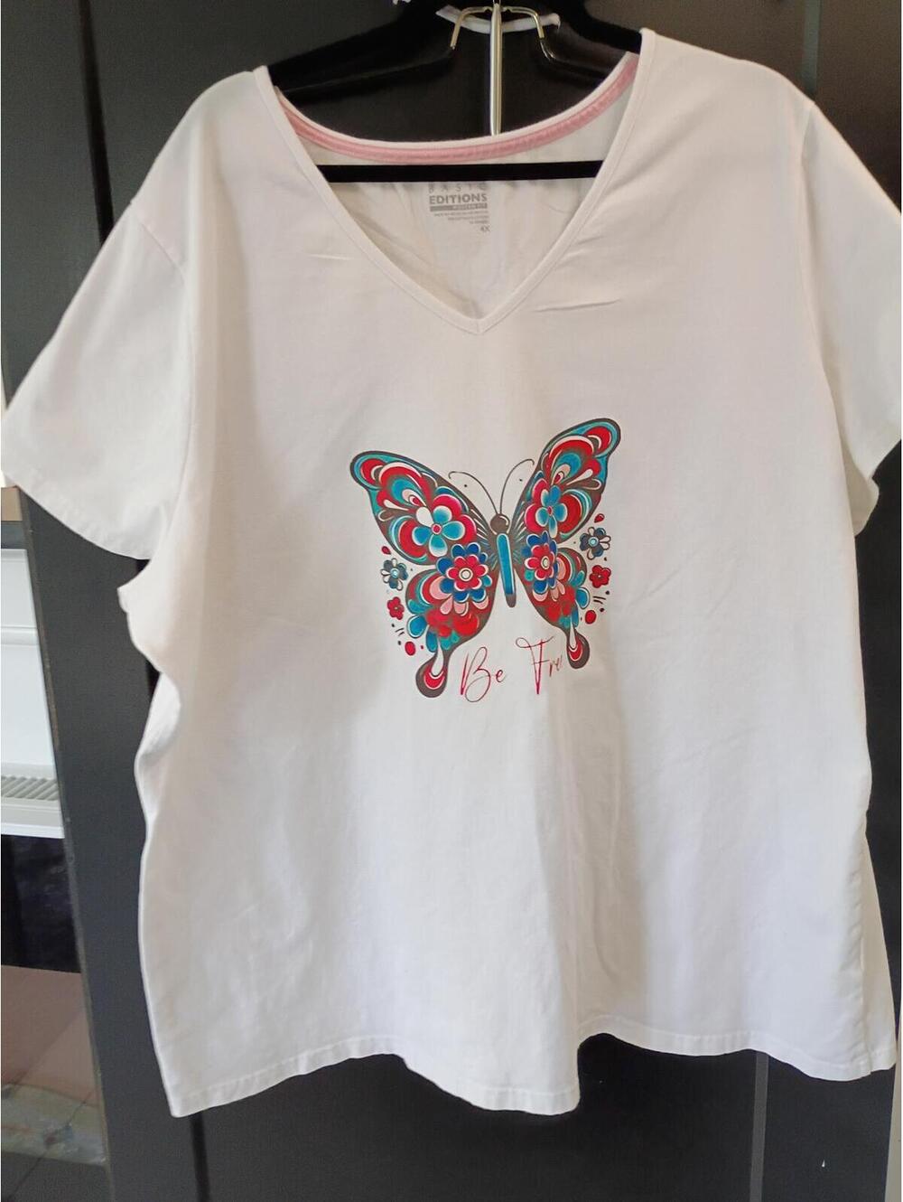 Basic Editions Women’s Plus 4X White Butterfly Graphic V-Neck T-Shirt